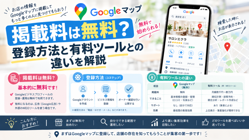 グーグルマップの掲載料は無料?登録方法と有料ツールとの違いを解説