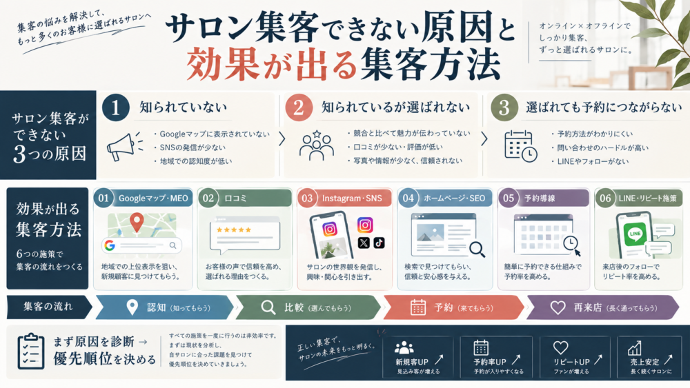 【事例付き】美容サロン集客方法7選｜予約が増えない原因とリピートの仕組み